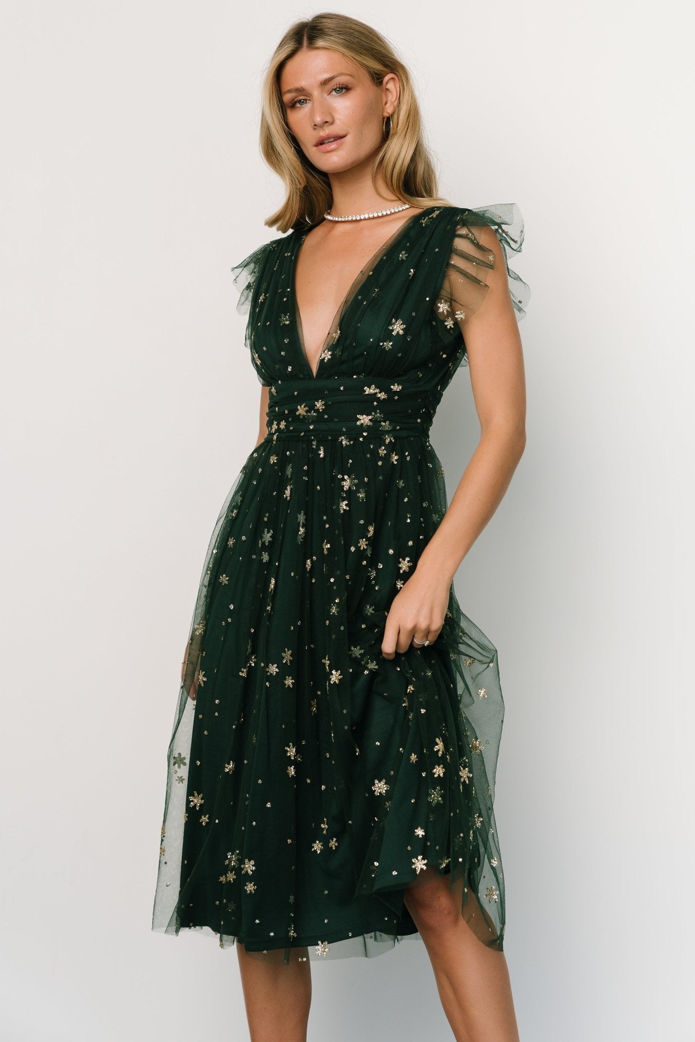 Chiara Shimmer Midi Dress | Green + Gold - Baltic Born