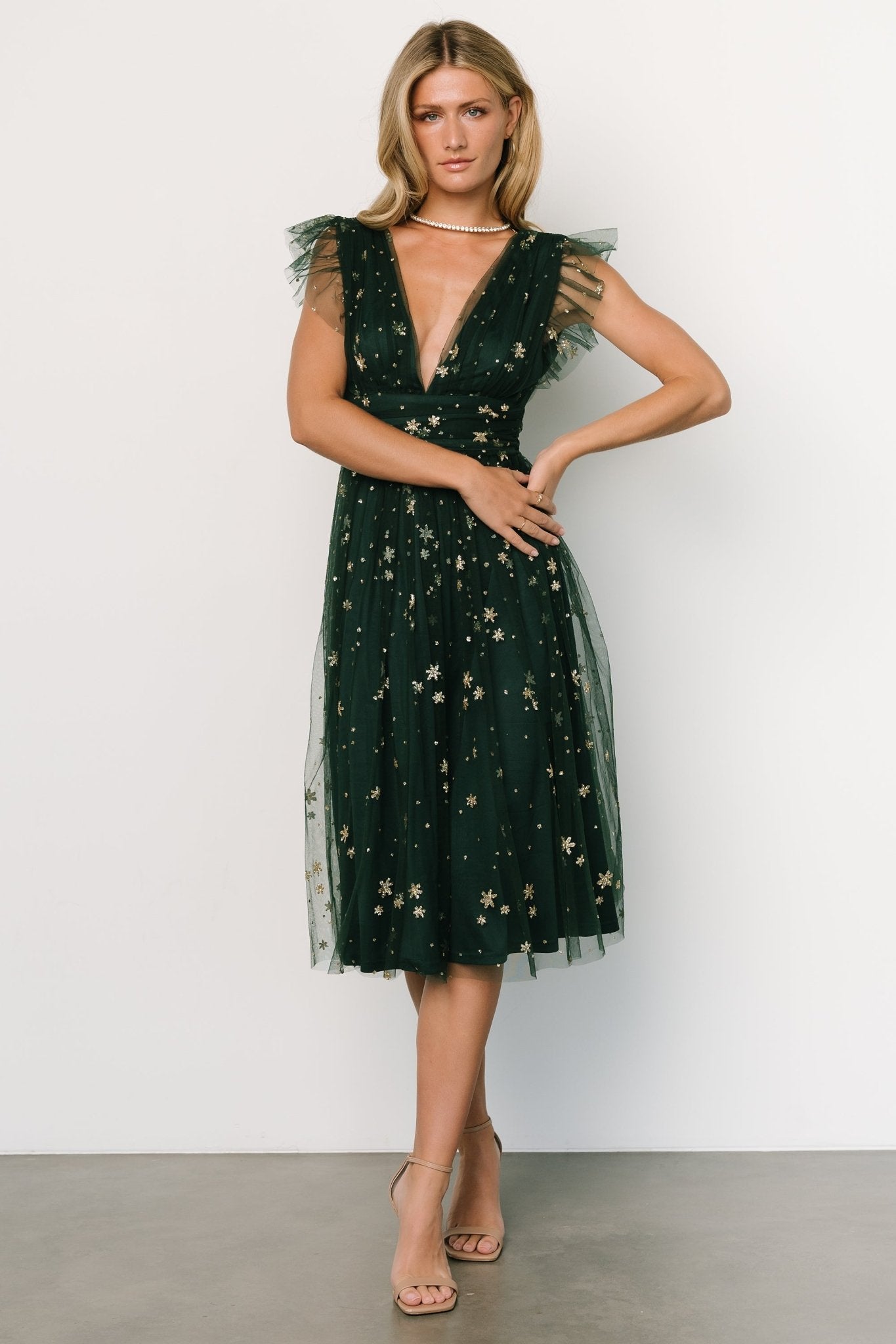 Chiara Shimmer Midi Dress | Green + Gold - Baltic Born