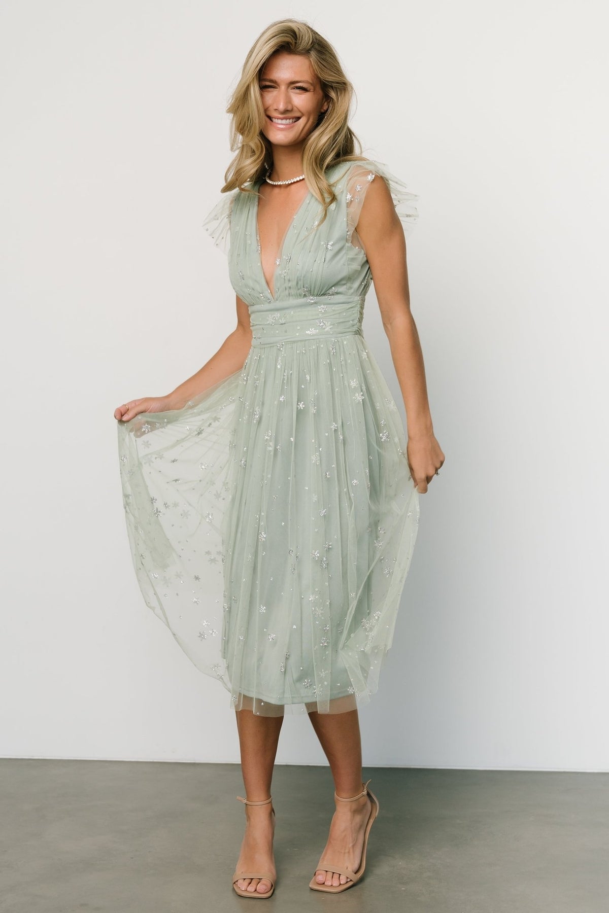 Chiara Shimmer Midi Dress | Sage + Silver | Baltic Born