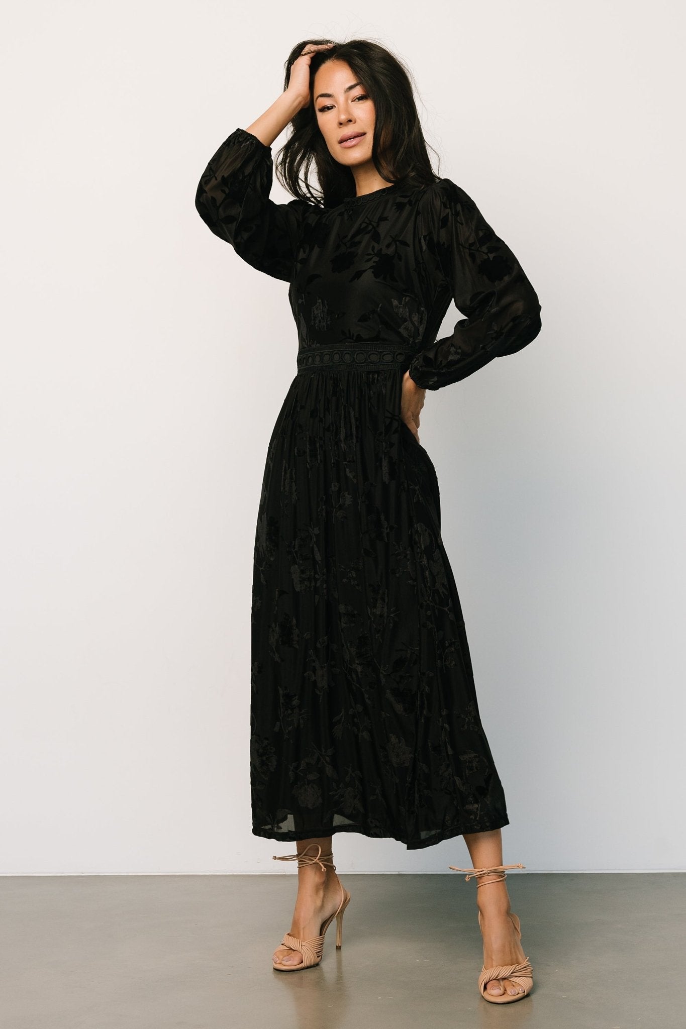Christine Velvet Embossed Midi Dress Black - Main Image