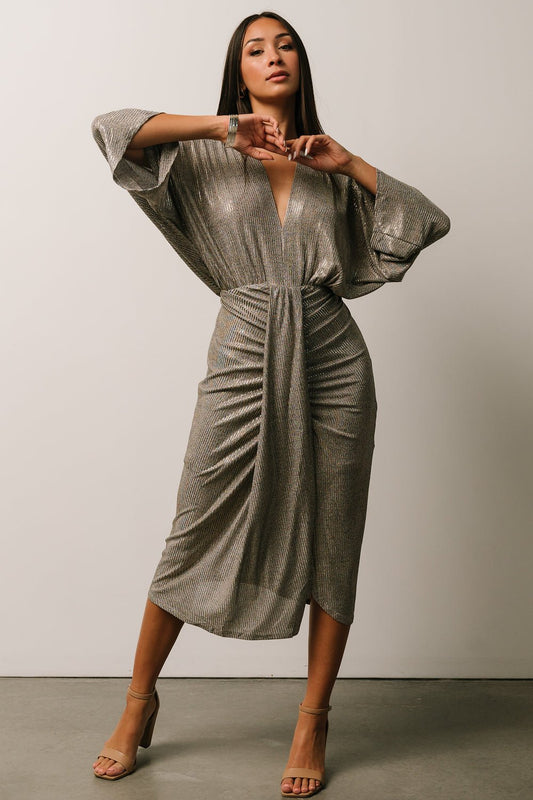 Ciara Ruched Midi Dress | Silver Metallic - Baltic Born