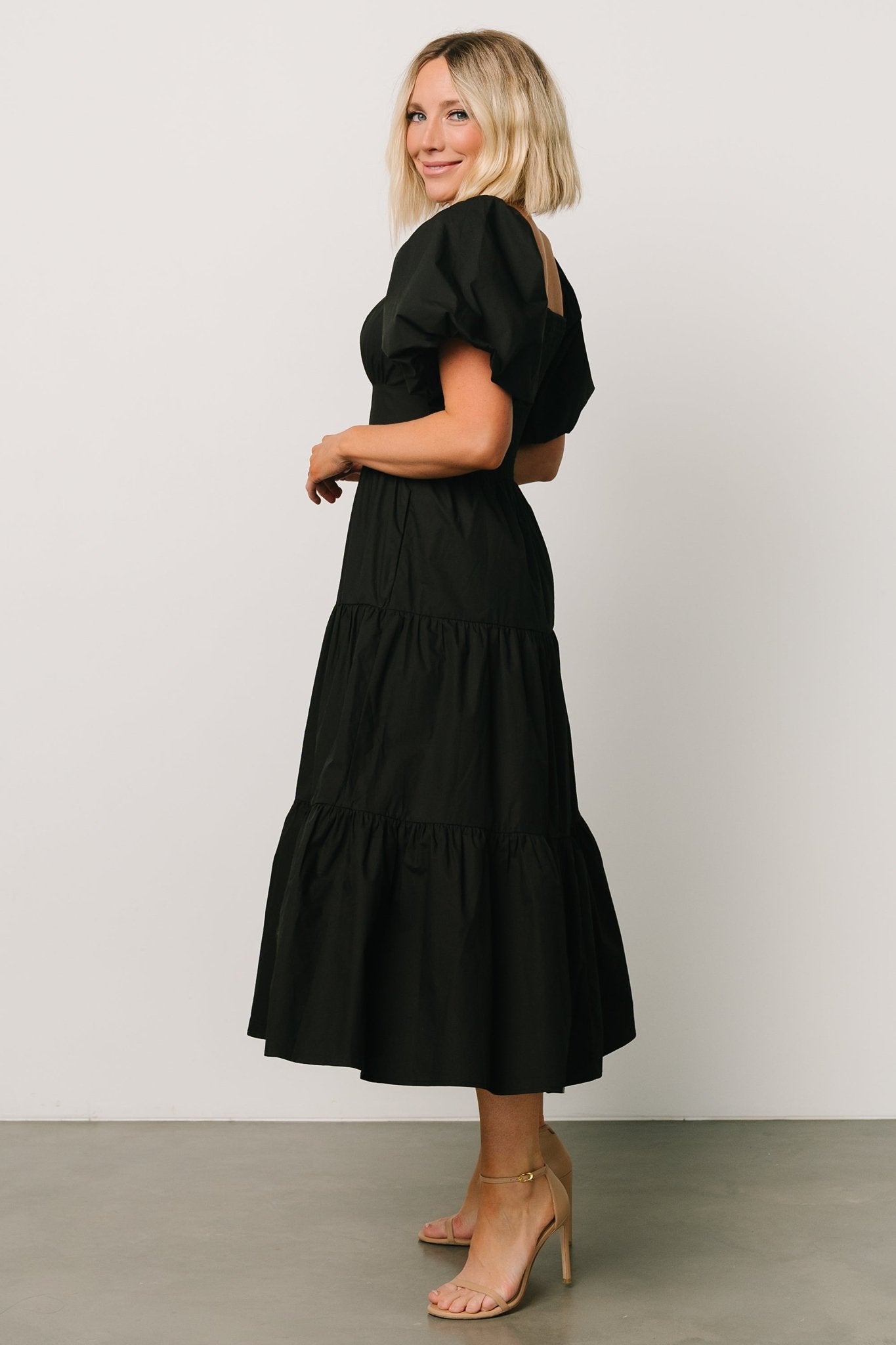 Cindy Puff Sleeve Tiered Dress | Black - Baltic Born