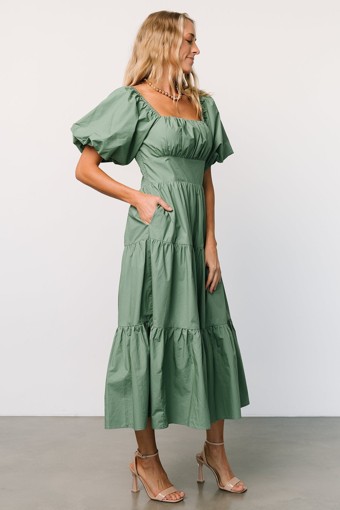 Cindy Puff Sleeve Tiered Dress | Dusty Green - Baltic Born