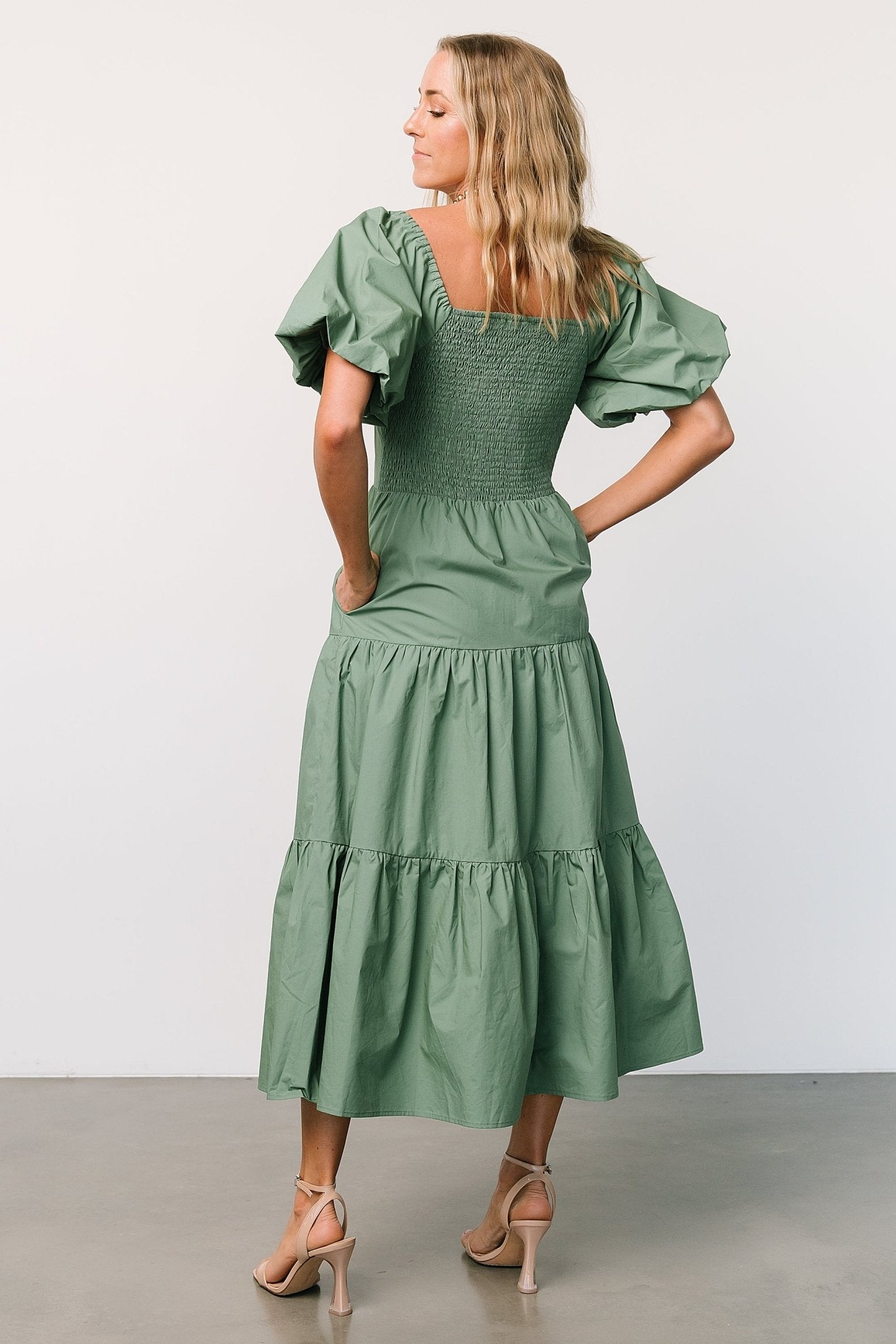 Cindy Puff Sleeve Tiered Dress | Dusty Green - Baltic Born