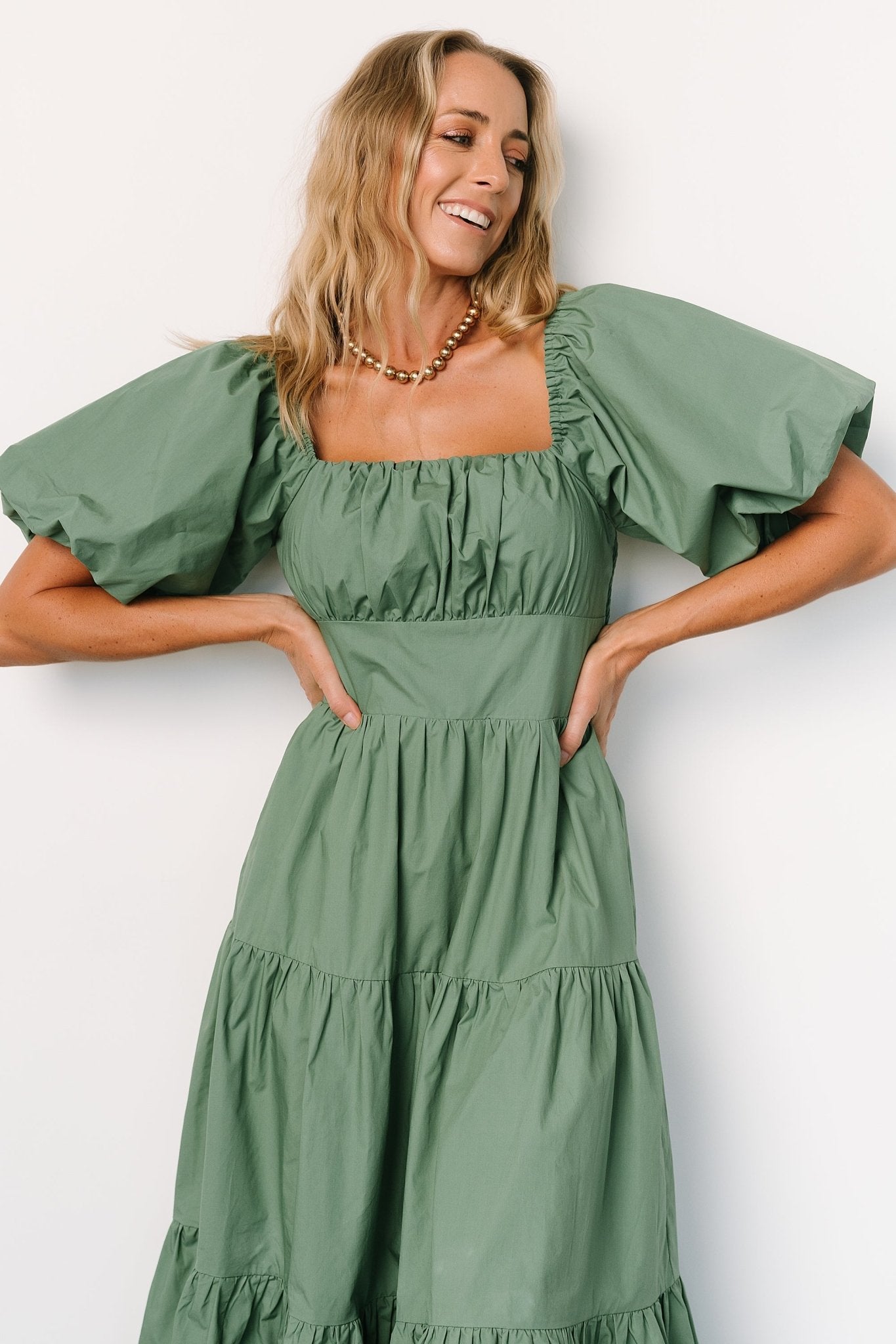 Cindy Puff Sleeve Tiered Dress | Dusty Green - Baltic Born