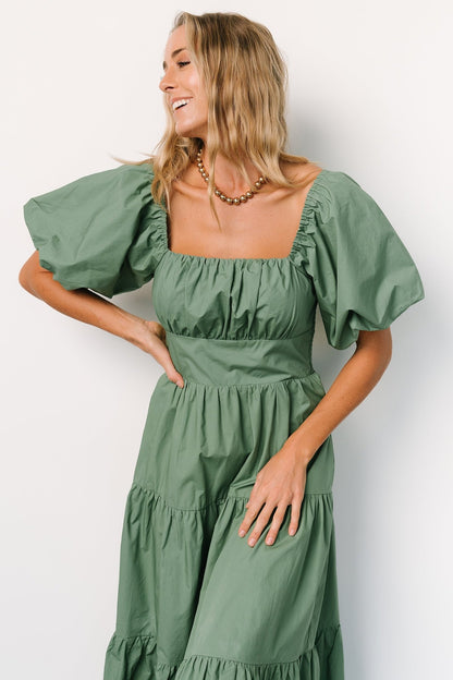 Cindy Puff Sleeve Tiered Dress | Dusty Green - Baltic Born