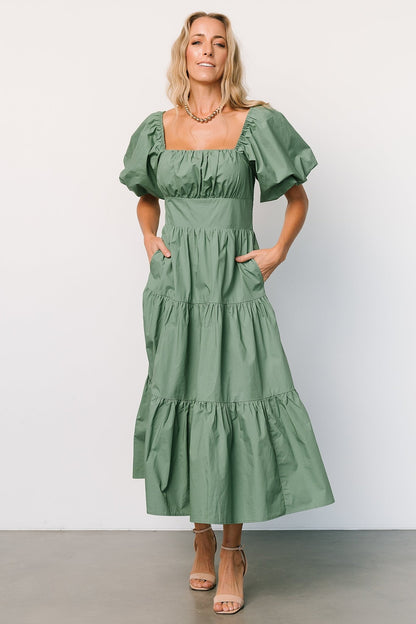 Cindy Puff Sleeve Tiered Dress | Dusty Green - Baltic Born