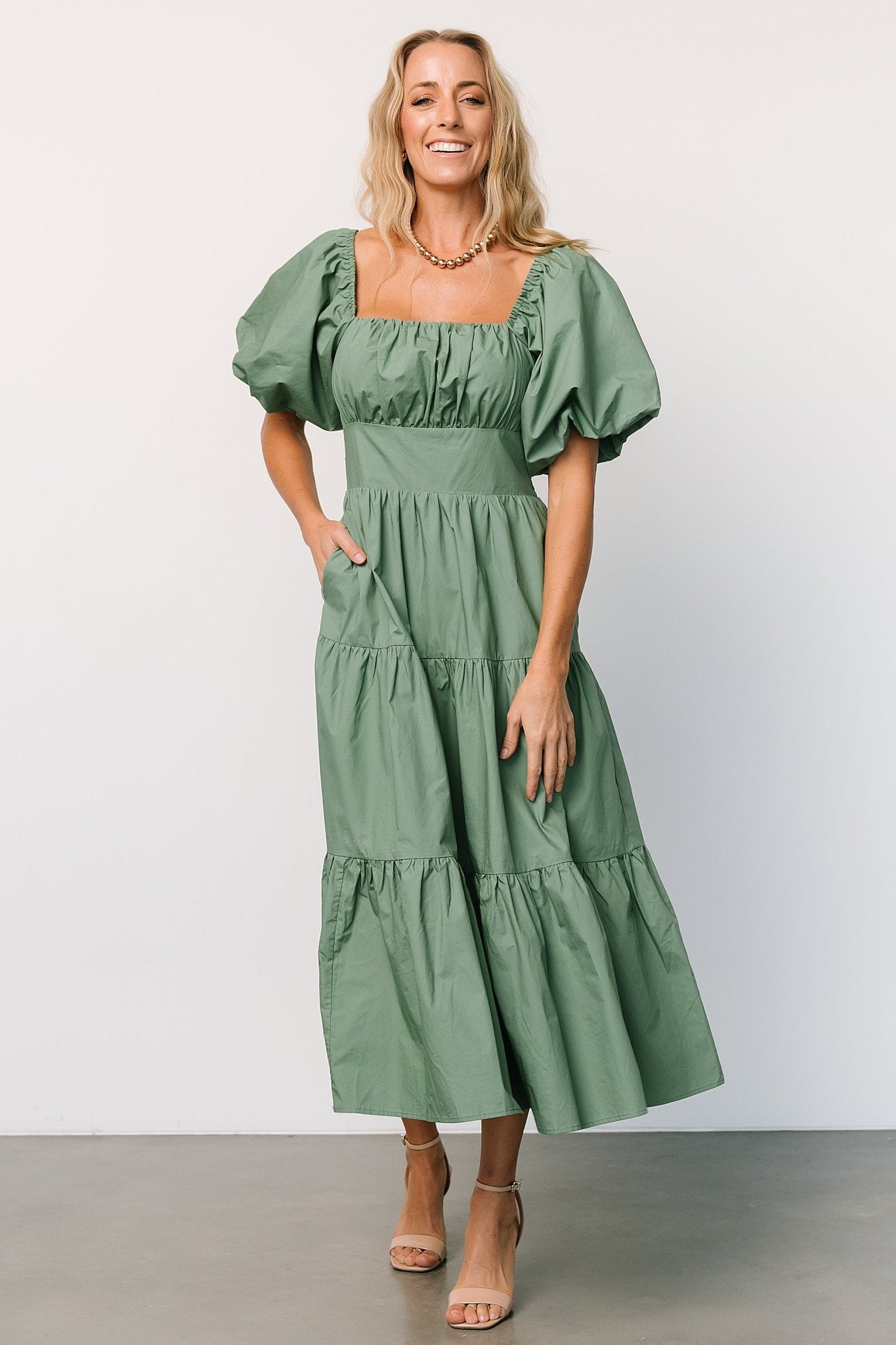 Cindy Puff Sleeve Tiered Dress | Dusty Green - Baltic Born