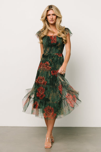 Clementine Tulle Midi Dress | Dark Green Floral - Baltic Born