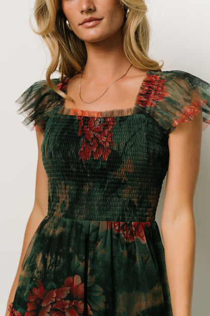 Clementine Tulle Midi Dress | Dark Green Floral - Baltic Born