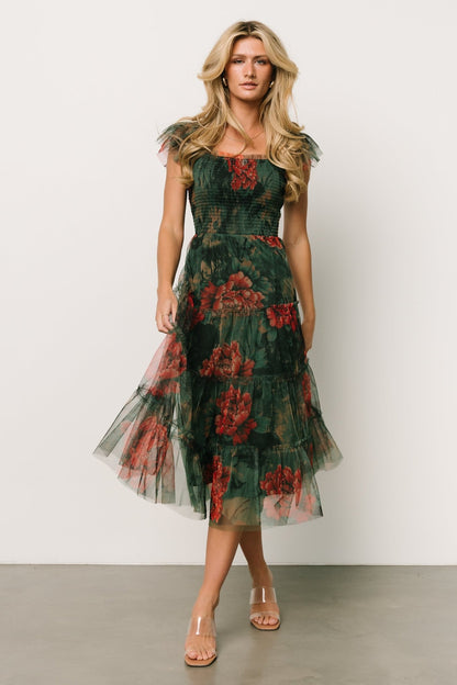 Clementine Tulle Midi Dress | Dark Green Floral - Baltic Born