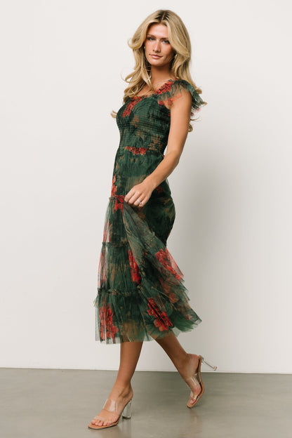 Clementine Tulle Midi Dress | Dark Green Floral - Baltic Born