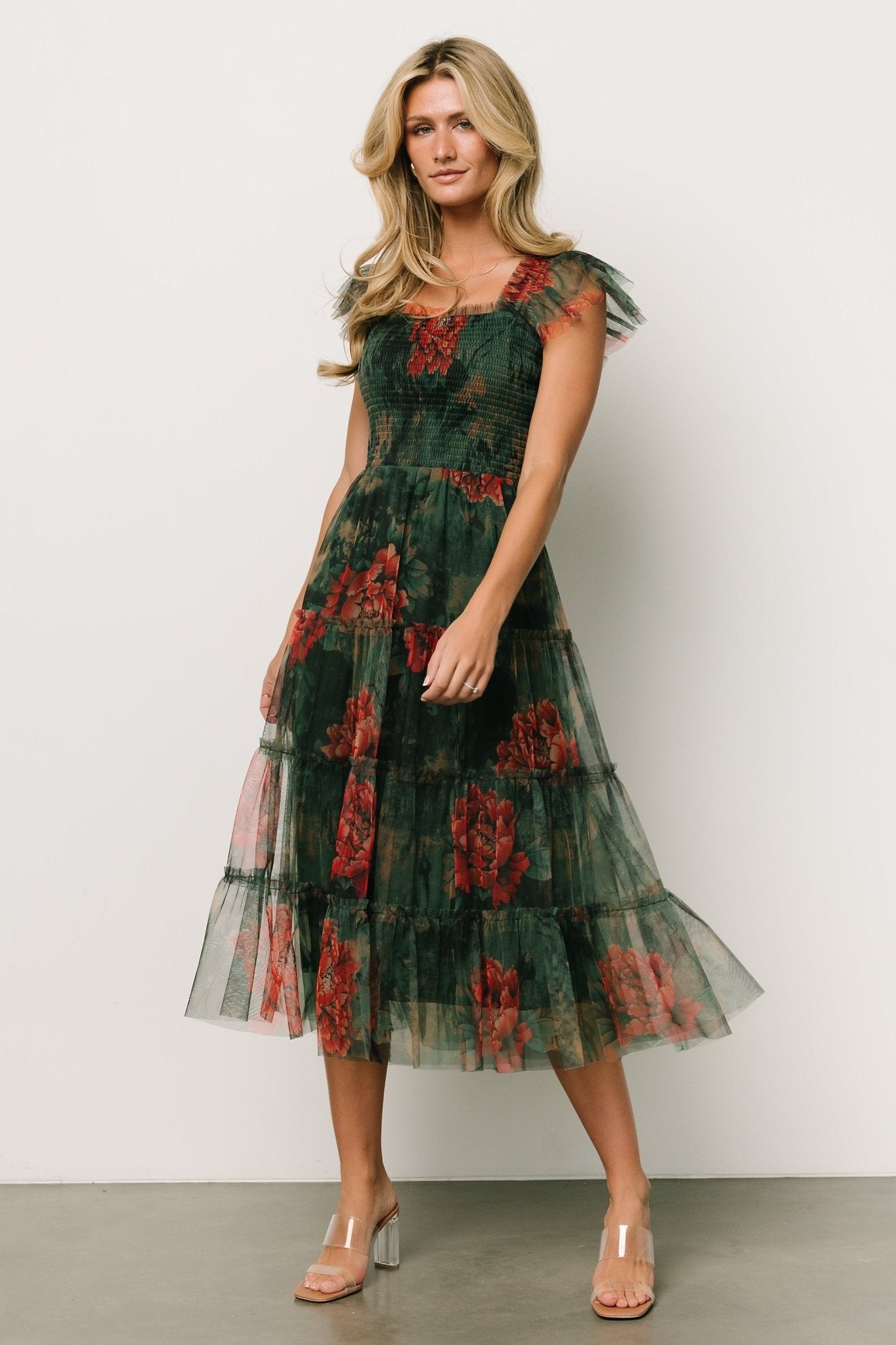 Clementine Tulle Midi Dress | Dark Green Floral - Baltic Born