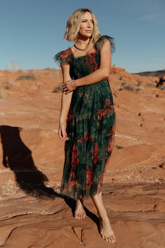 Clementine Tulle Midi Dress | Dark Green Floral - Baltic Born