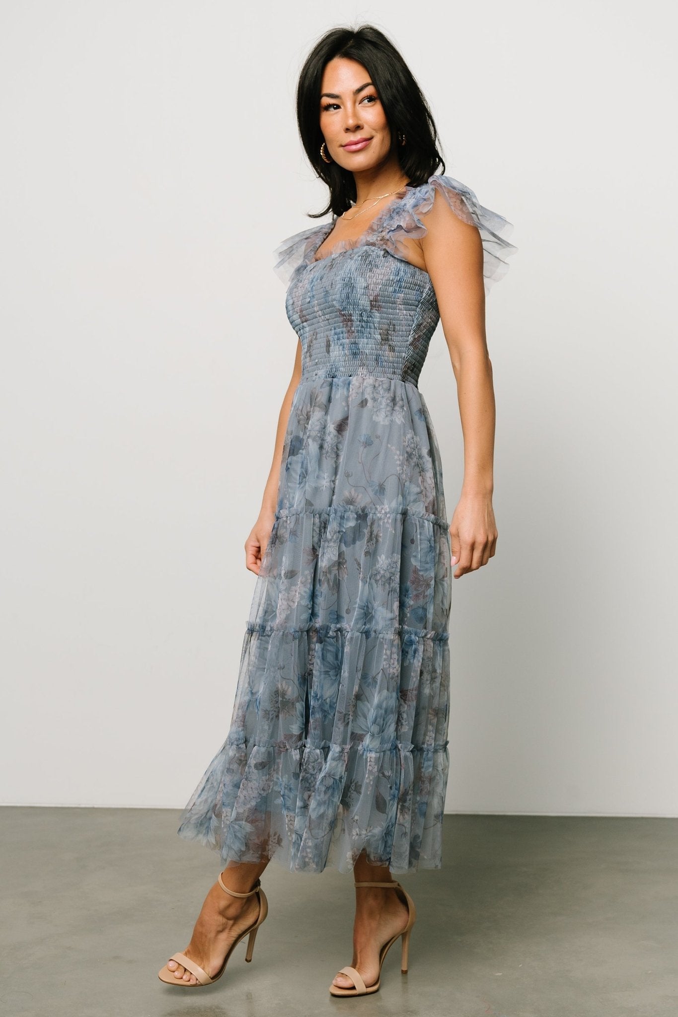 Clementine Tulle Midi Dress | Dusty Blue Floral - Baltic Born