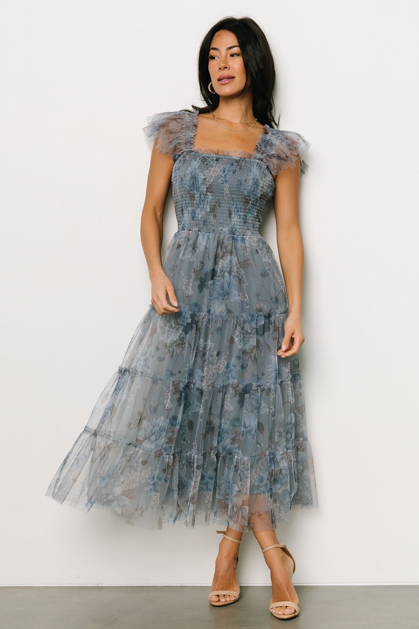 Clementine Tulle Midi Dress | Dusty Blue Floral - Baltic Born