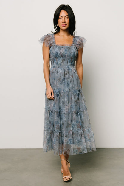 Clementine Tulle Midi Dress | Dusty Blue Floral - Baltic Born