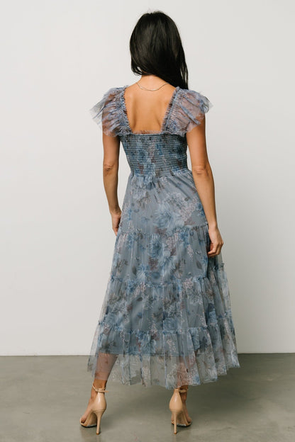 Clementine Tulle Midi Dress | Dusty Blue Floral - Baltic Born