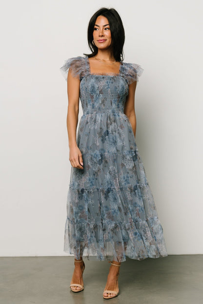 Clementine Tulle Midi Dress | Dusty Blue Floral - Baltic Born