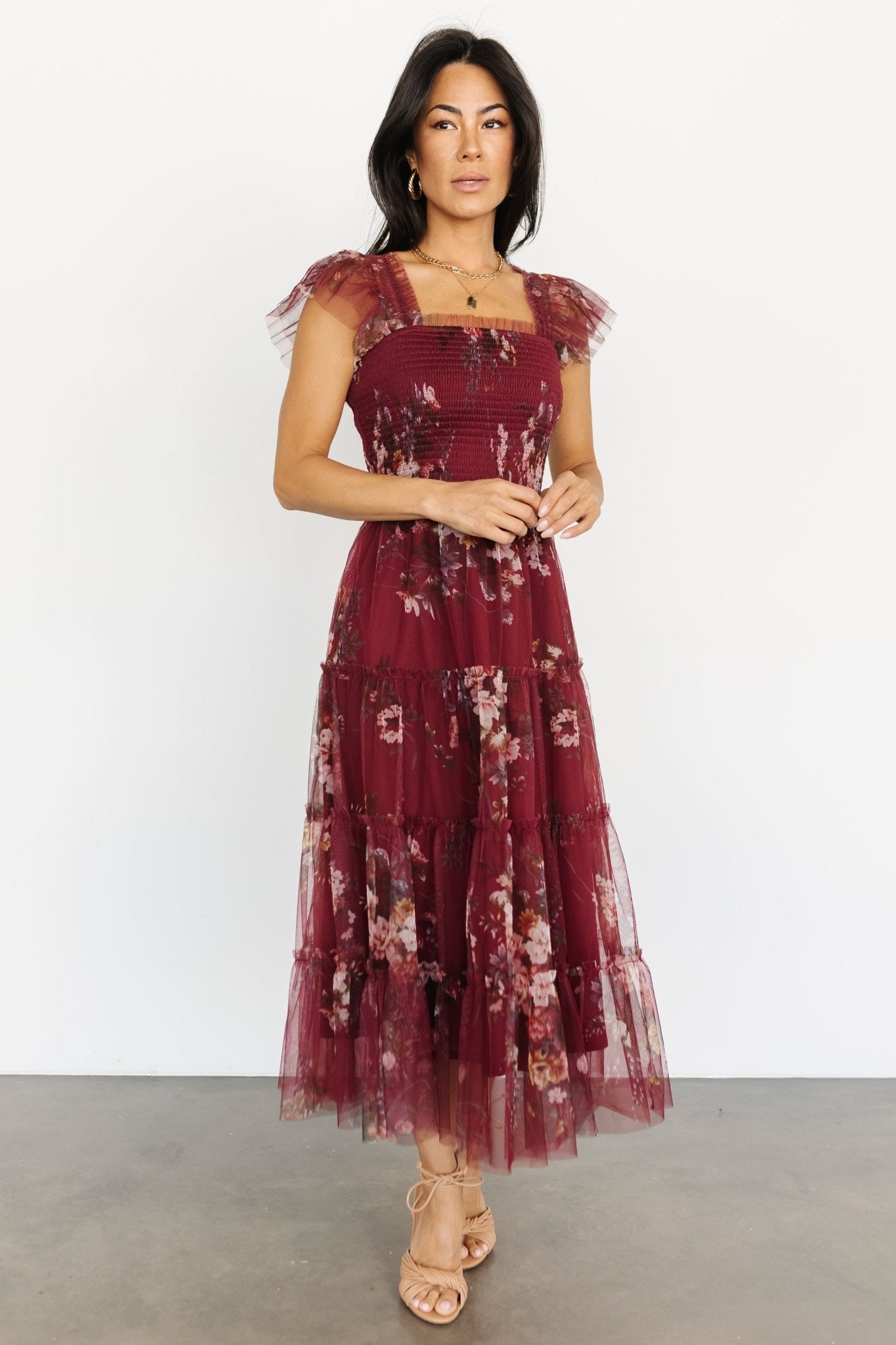 Clementine Tulle Midi Dress | Wine Multi - Baltic Born