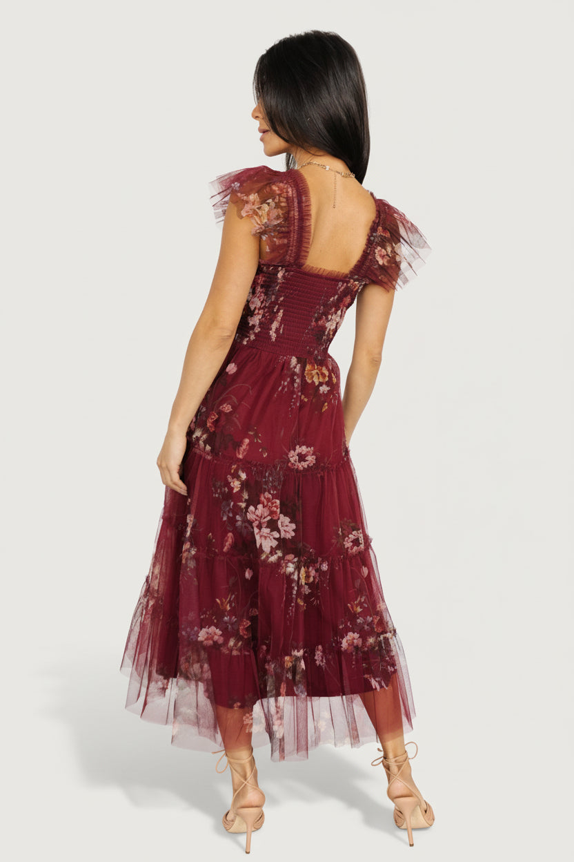 Clementine Tulle Midi Dress Wine Multi