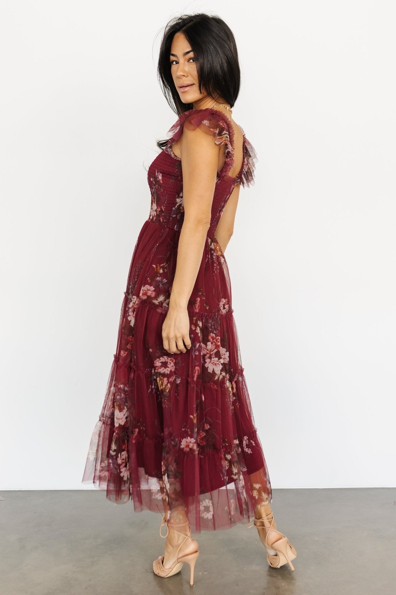 Clementine Tulle Midi Dress | Wine Multi - Baltic Born