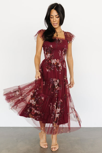 Clementine Tulle Midi Dress | Wine Multi - Baltic Born