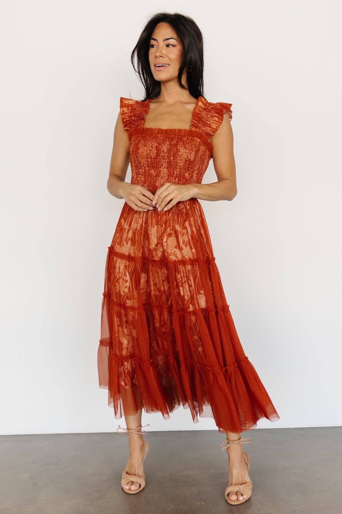 Cora Smocked Tulle Dress, Rust Floral