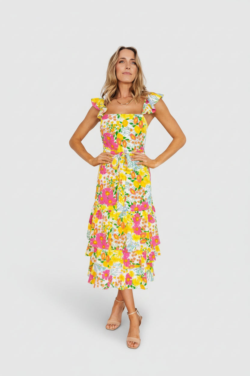 Davi & Dani Ruffle Flutter Sleeve Tie Belt Tiered Mini Dress