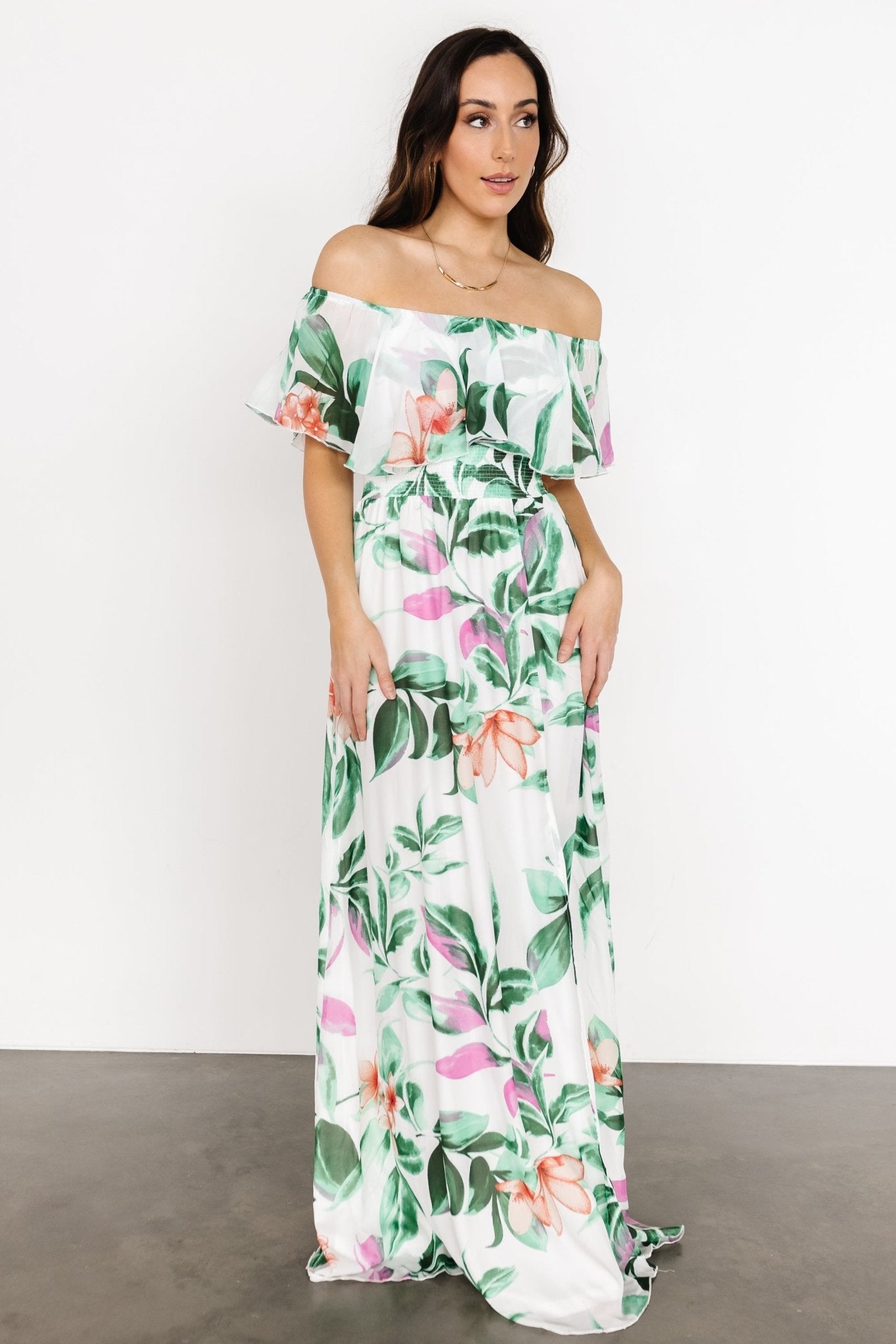 Daphne Off Shoulder Maxi Dress | White + Green Multi Floral - Baltic Born