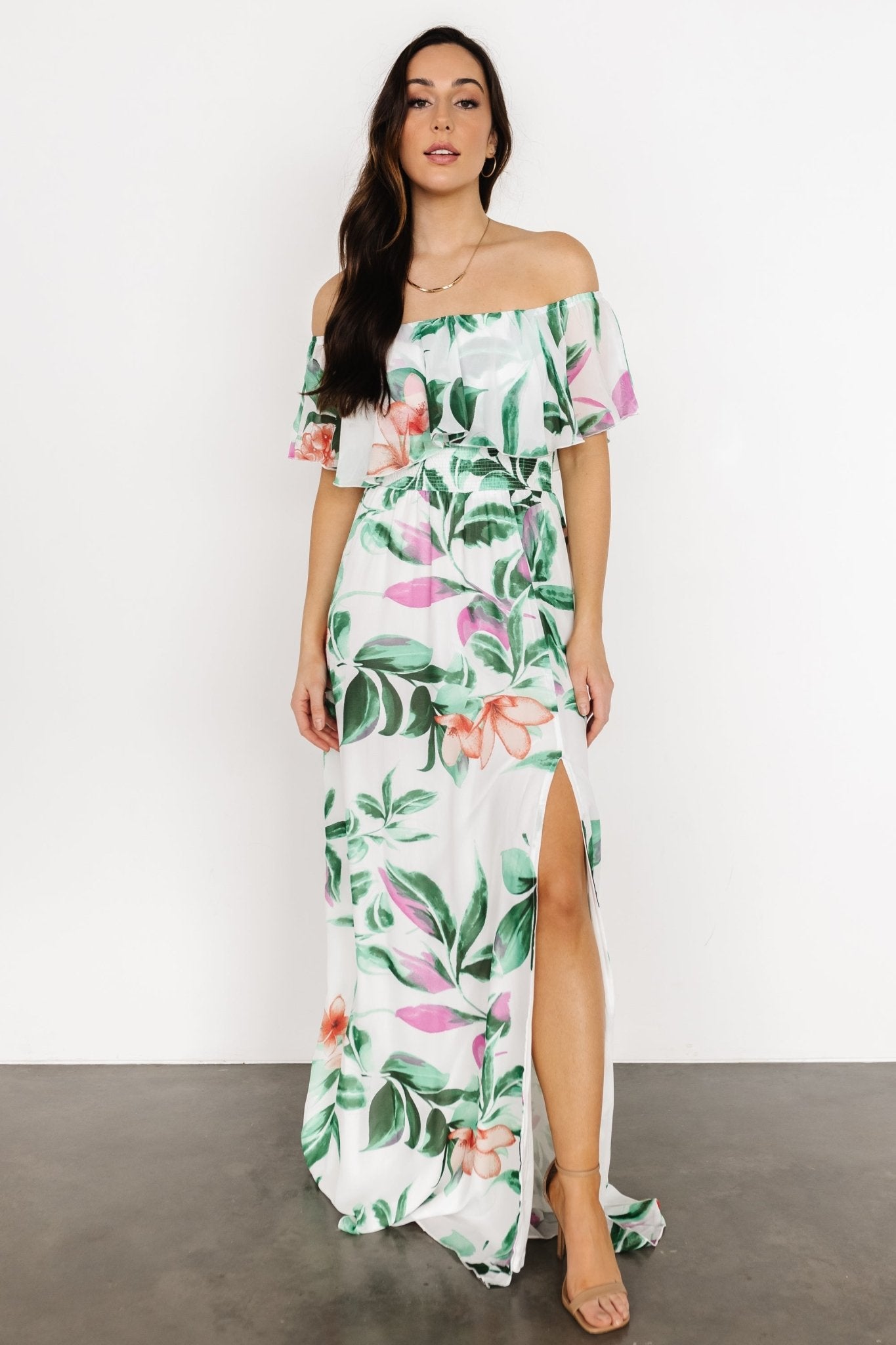 Daphne Off Shoulder Maxi Dress | White + Green Multi Floral - Baltic Born