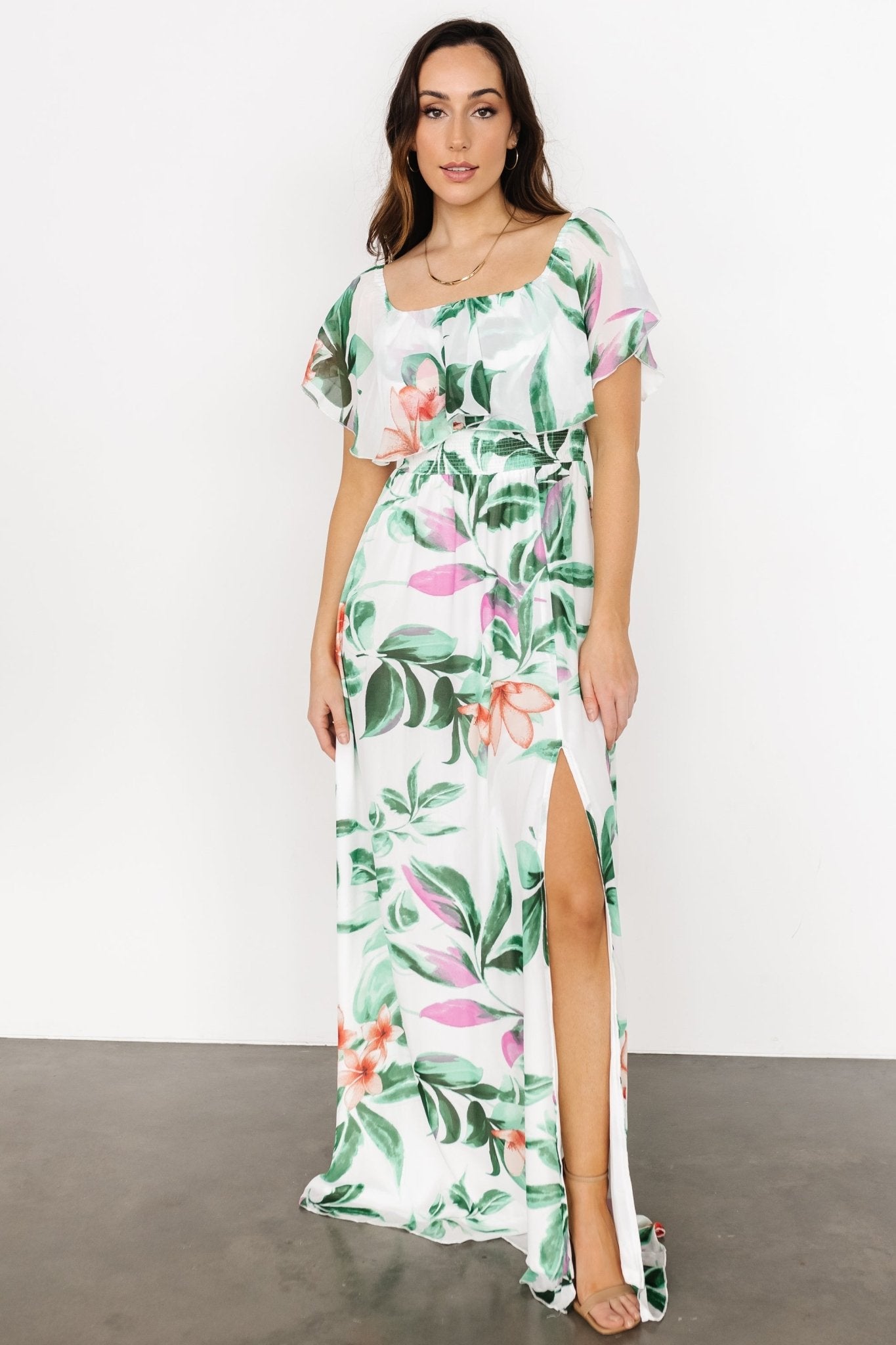 Daphne Off Shoulder Maxi Dress | White + Green Multi Floral - Baltic Born