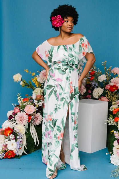 Daphne Off Shoulder Maxi Dress | White + Green Multi Floral - Baltic Born