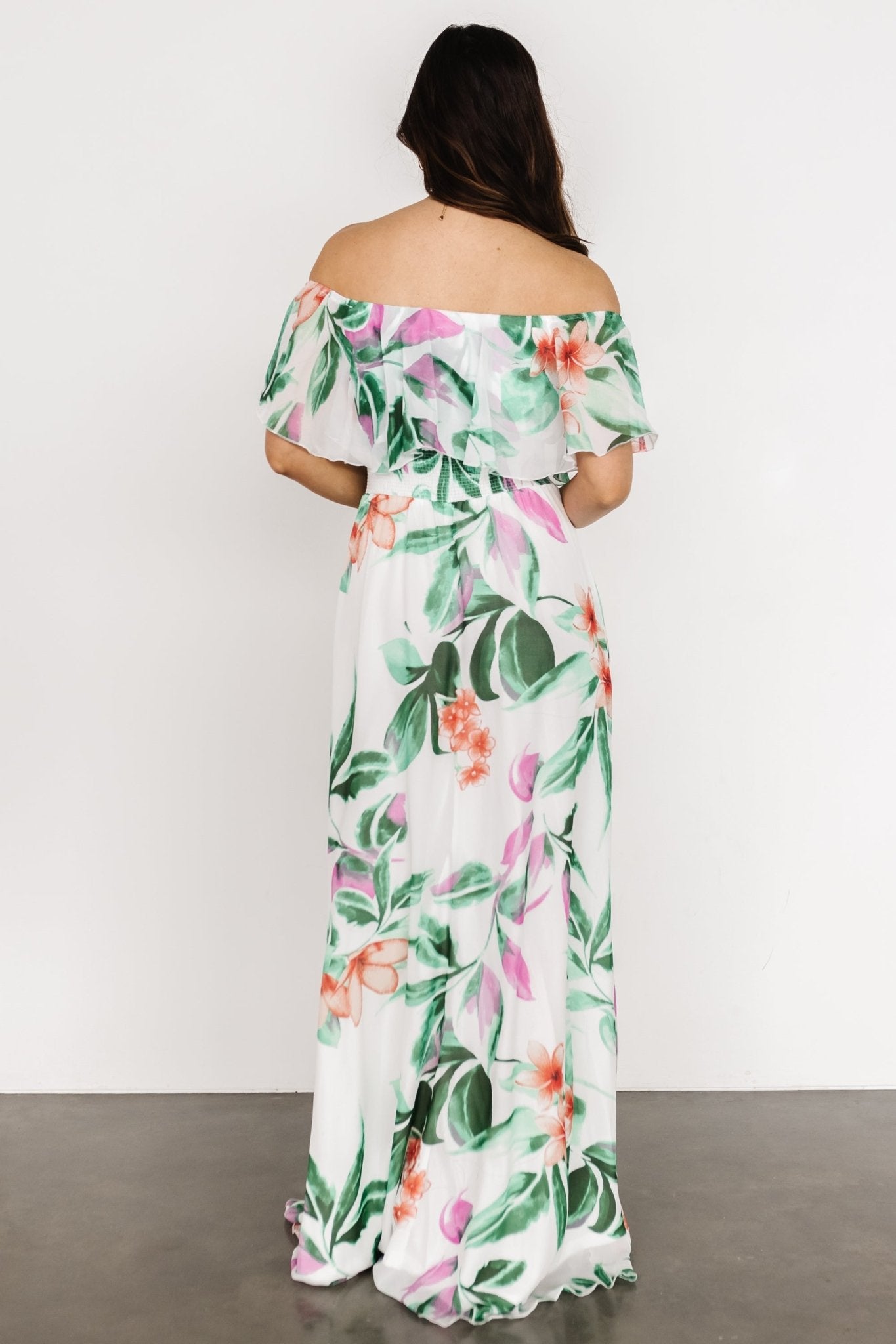 Daphne Off Shoulder Maxi Dress | White + Green Multi Floral - Baltic Born