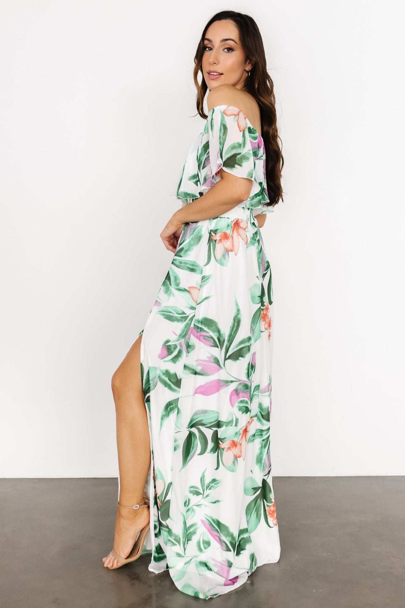 Daphne Off Shoulder Maxi Dress | White + Green Multi Floral - Baltic Born