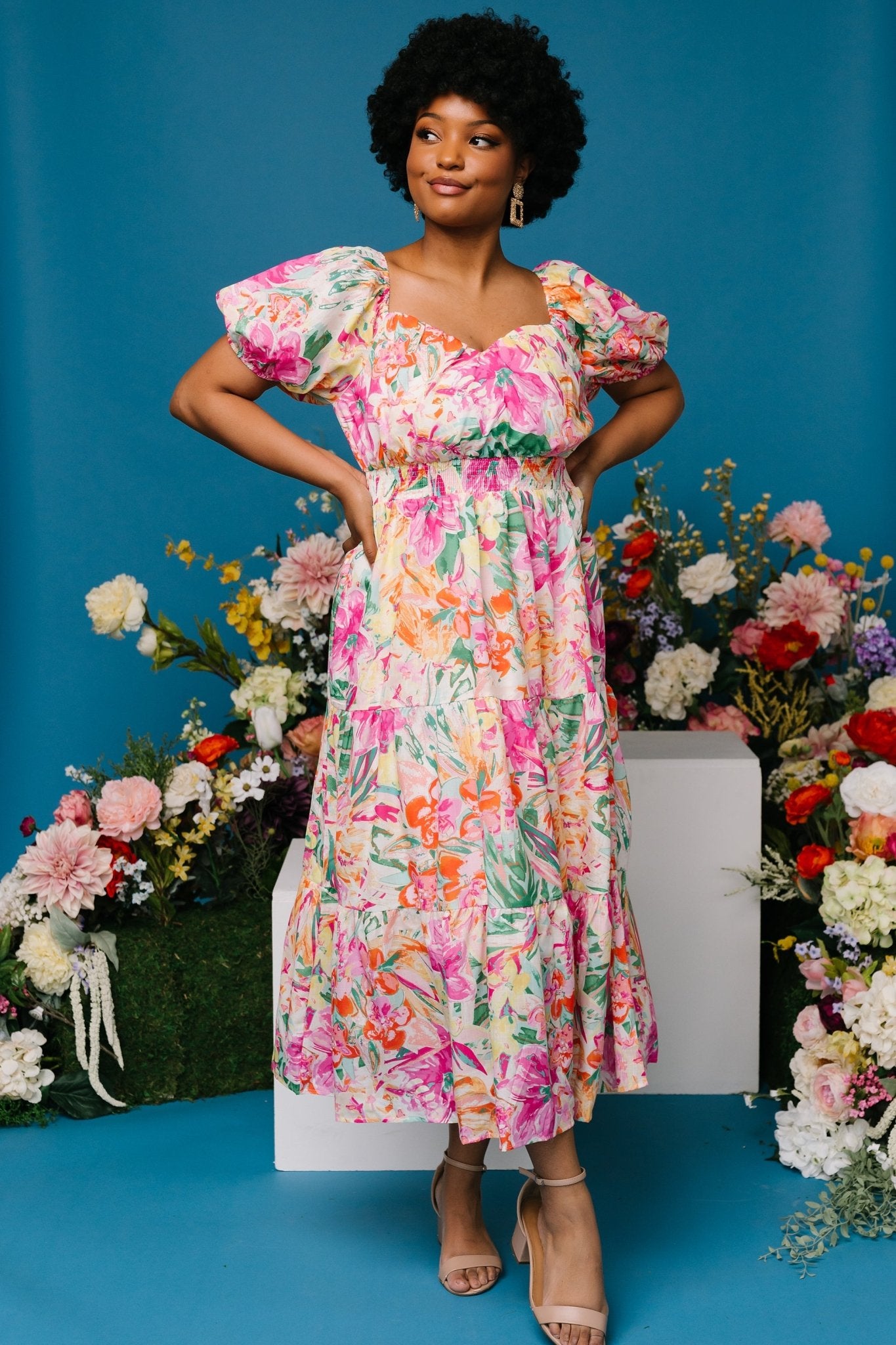 Denzel Puff Sleeve Midi Dress | Multi Floral - Baltic Born