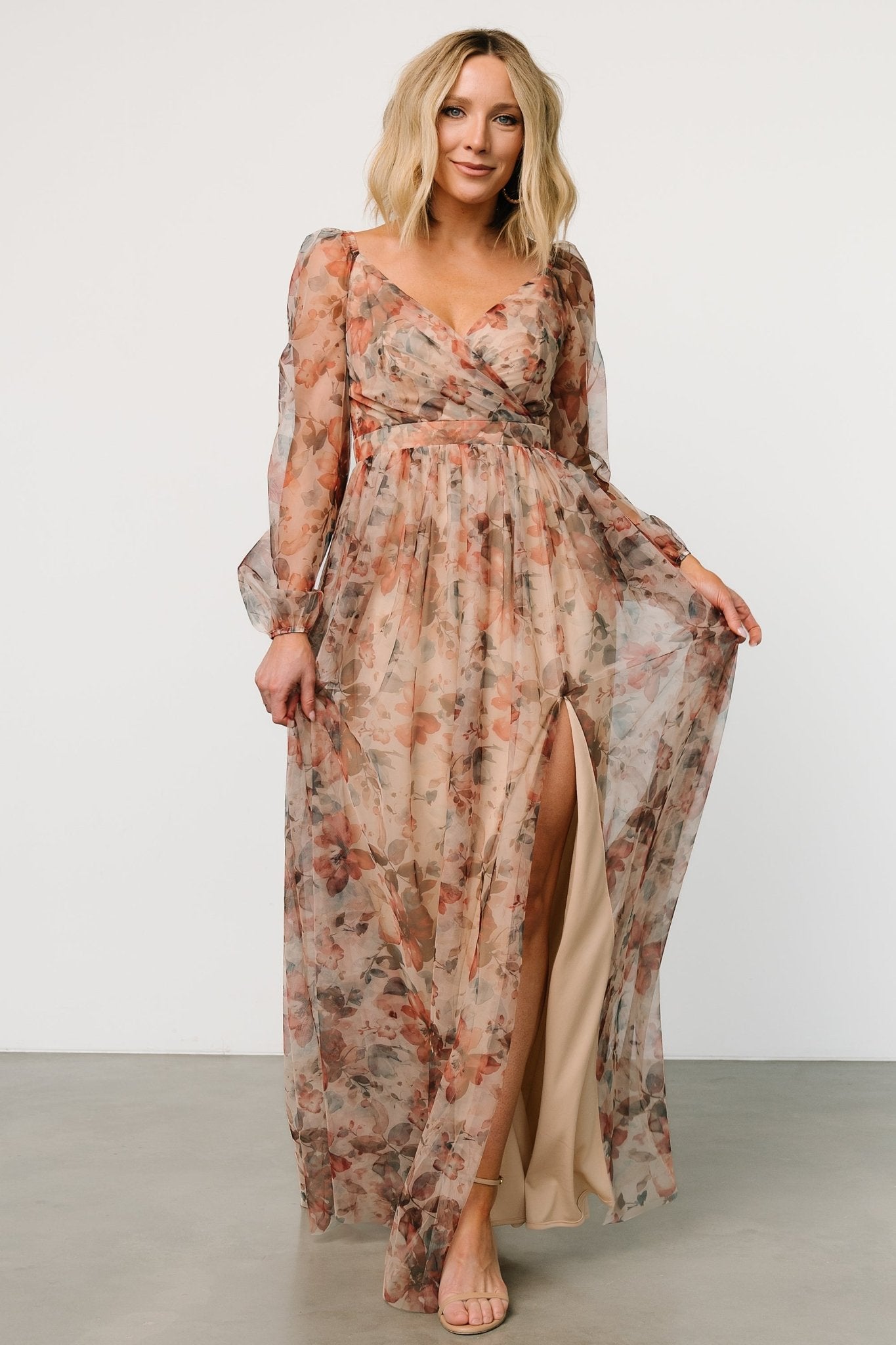 Desiree Tulle Maxi Dress | Taupe Floral - Baltic Born