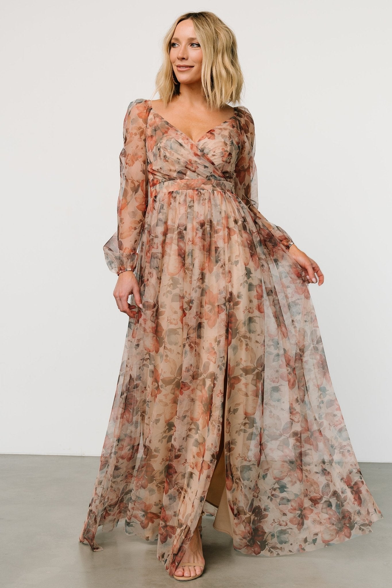 Desiree Tulle Maxi Dress | Taupe Floral - Baltic Born