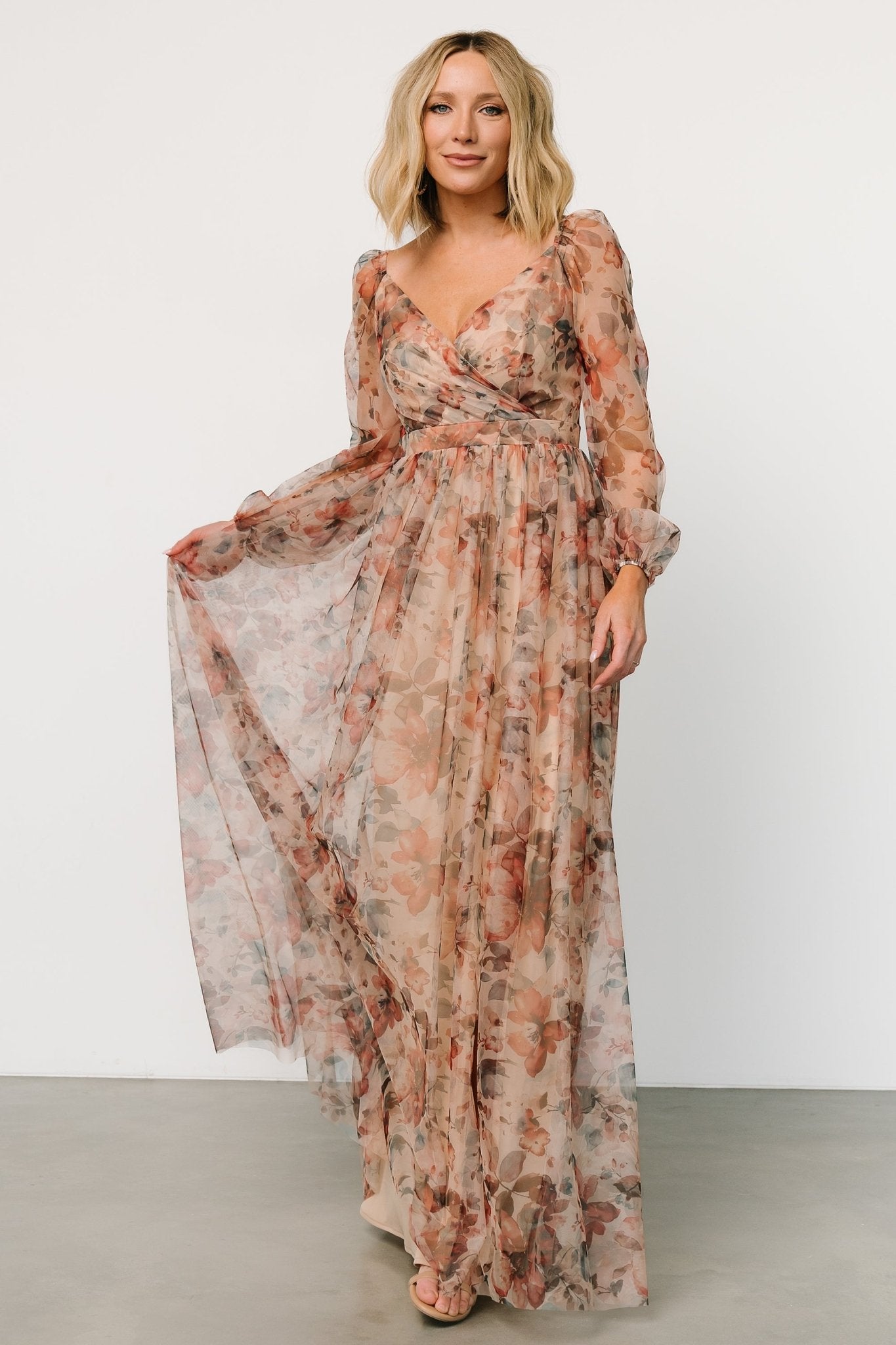 Desiree Tulle Maxi Dress | Taupe Floral - Baltic Born