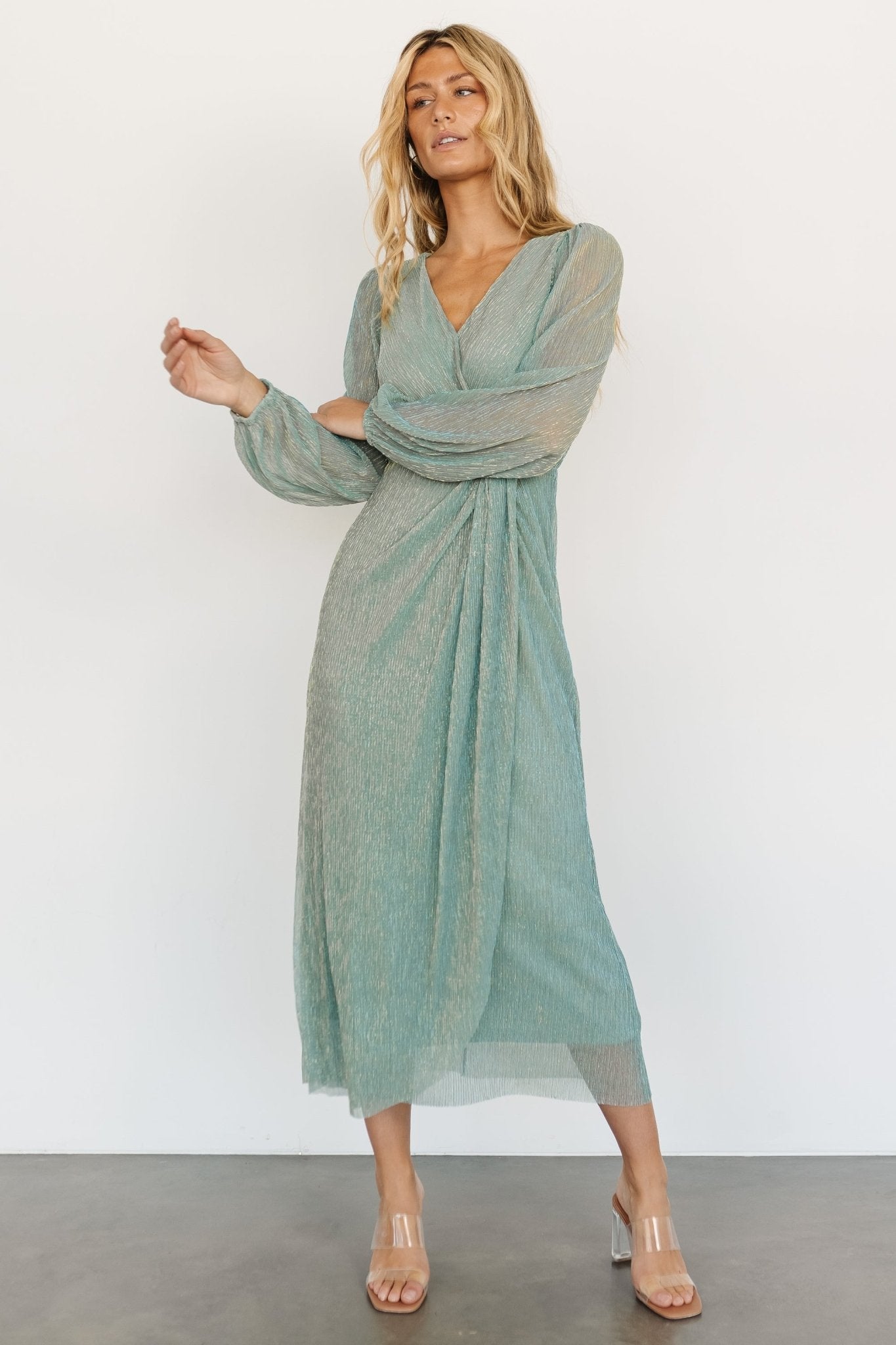 Devlyn Pleated Dress | Blue Sage Shimmer - Baltic Born