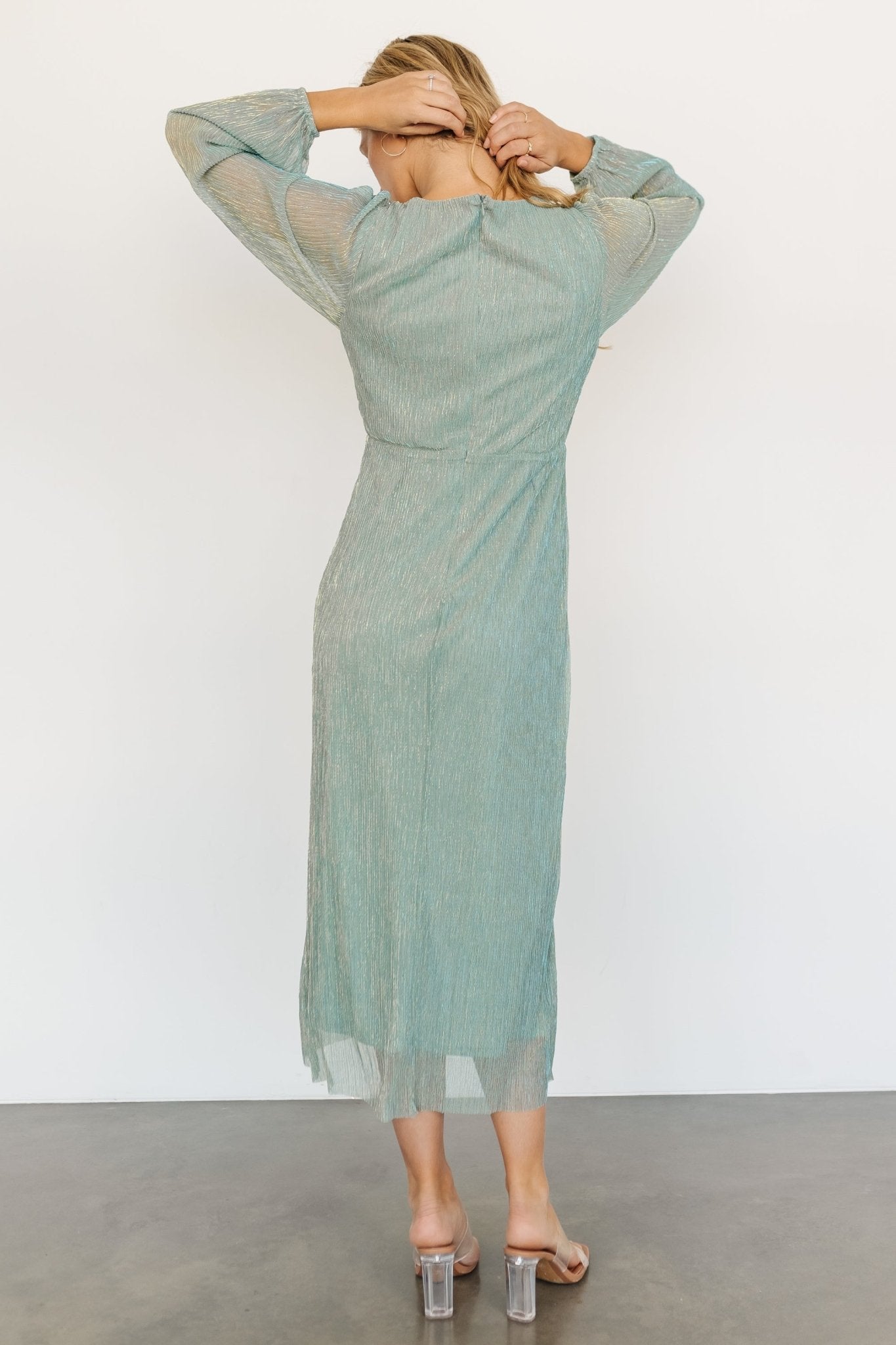 Devlyn Pleated Dress | Blue Sage Shimmer - Baltic Born