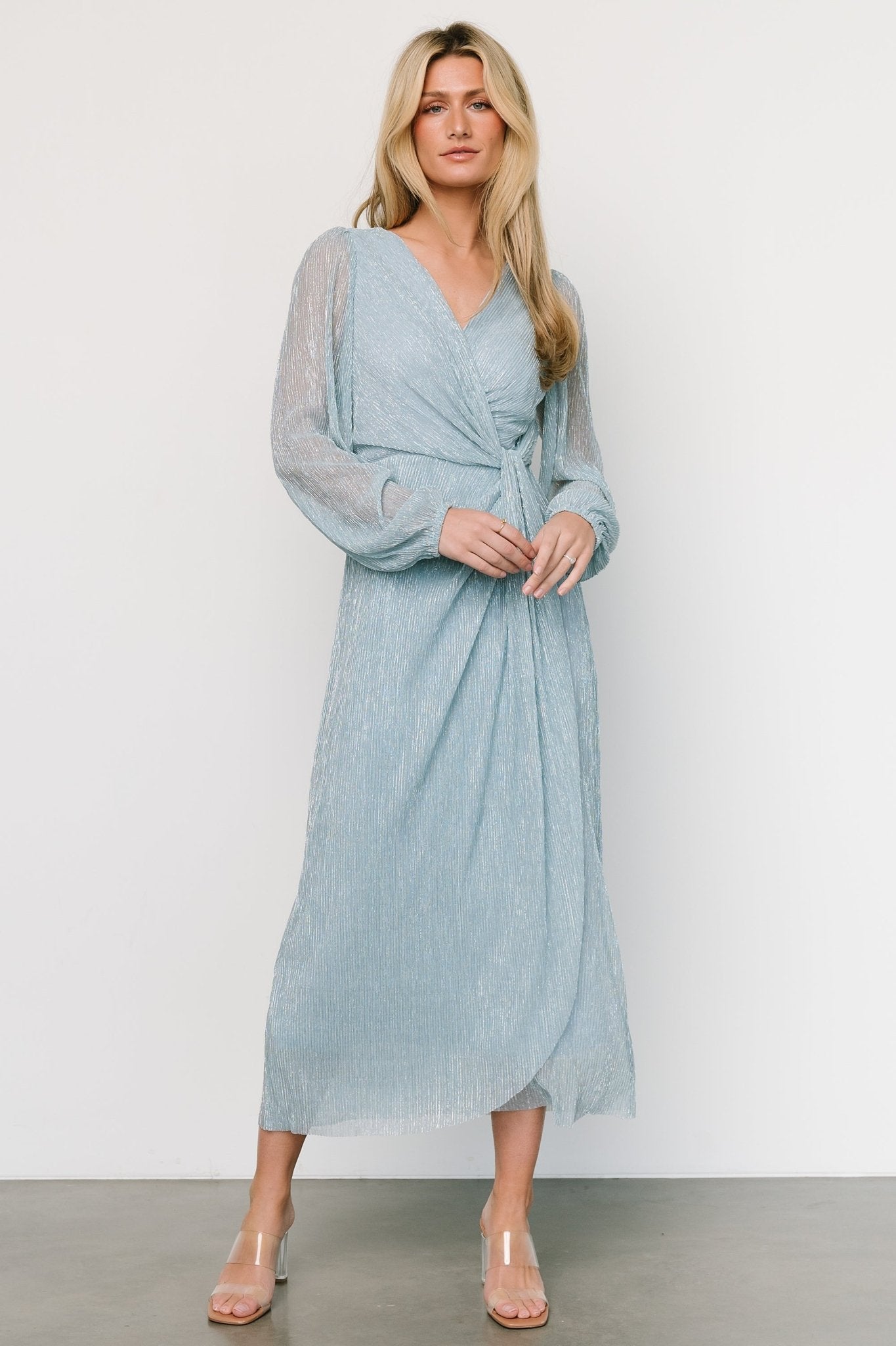 Devlyn Pleated Dress | Dusty Blue Shimmer - Baltic Born