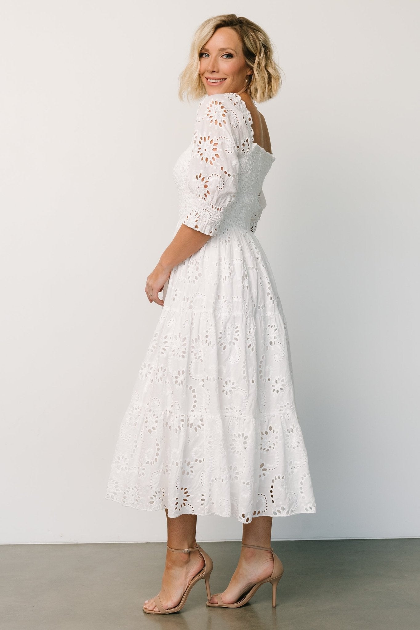 Ella Eyelet Midi Dress | White Ella Eyelet Midi Dress | White