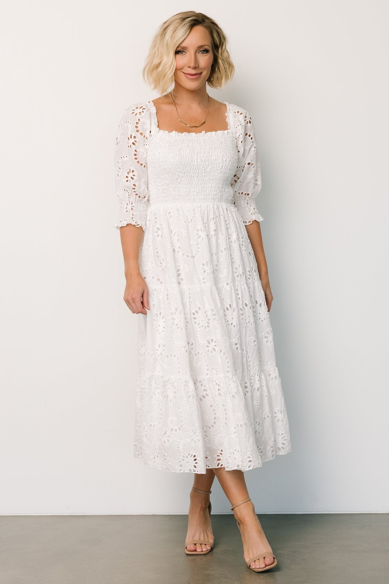 Ella Eyelet Midi Dress | White Ella Eyelet Midi Dress | White