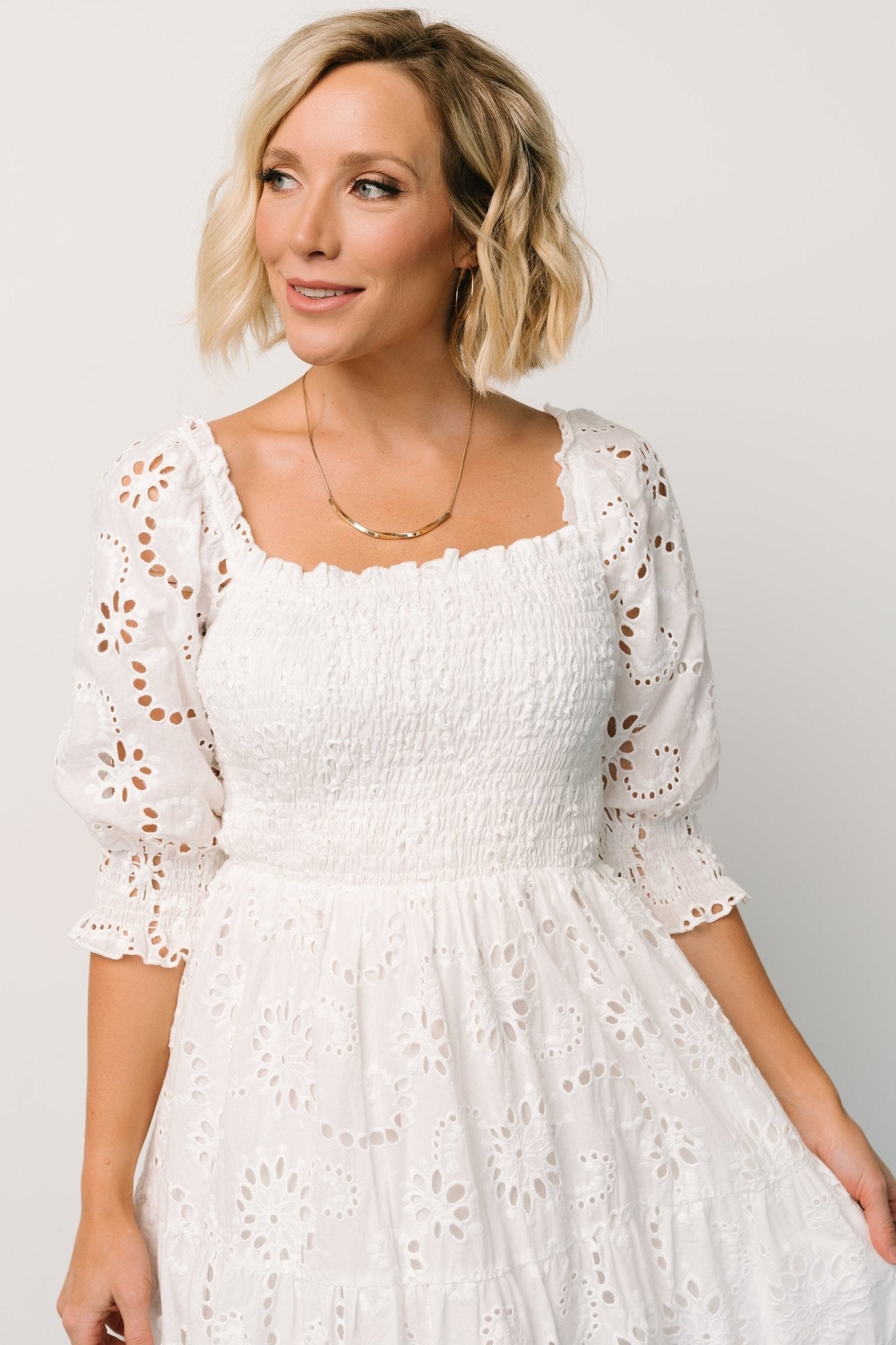 Ella Eyelet Midi Dress | White Ella Eyelet Midi Dress | White