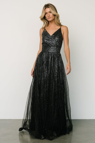 Nubia Shimmer Front Slit Open Back Maxi Dress in Black | LUCY IN THE SKY