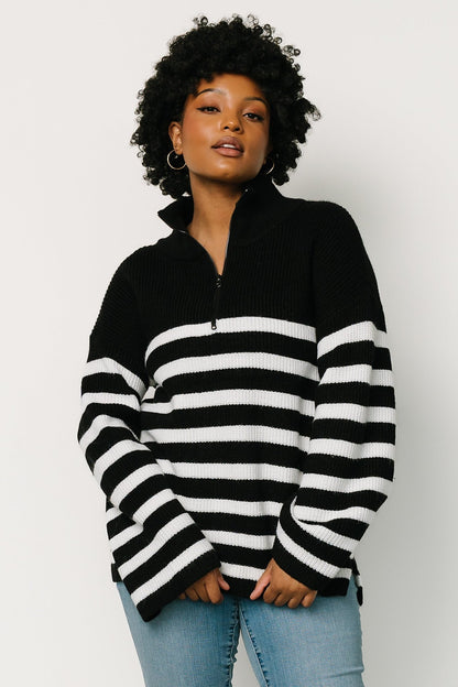 Elmer Striped Half Zip Sweater | Black + White - Baltic Born