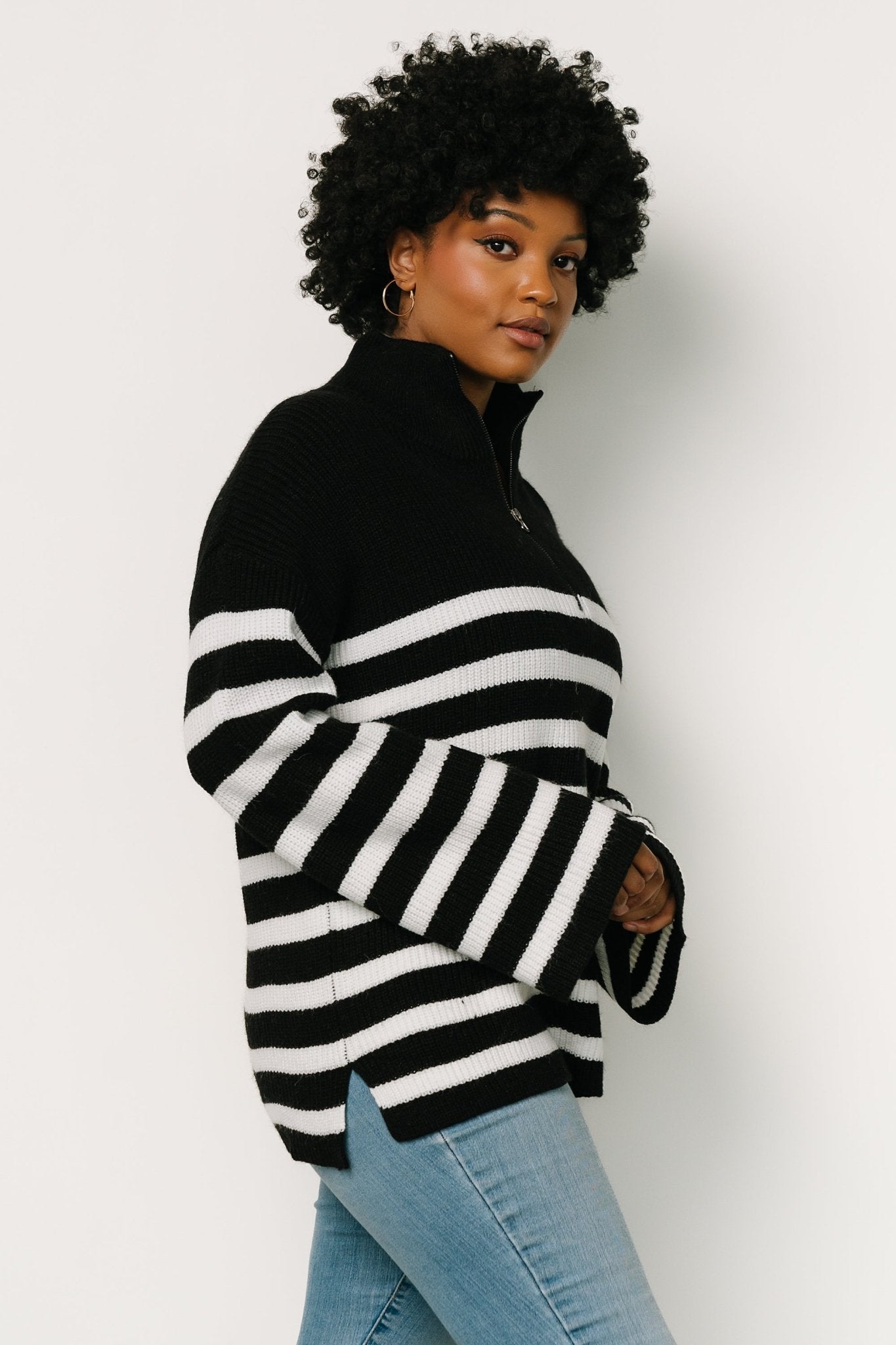 Elmer Striped Half Zip Sweater | Black + White - Baltic Born