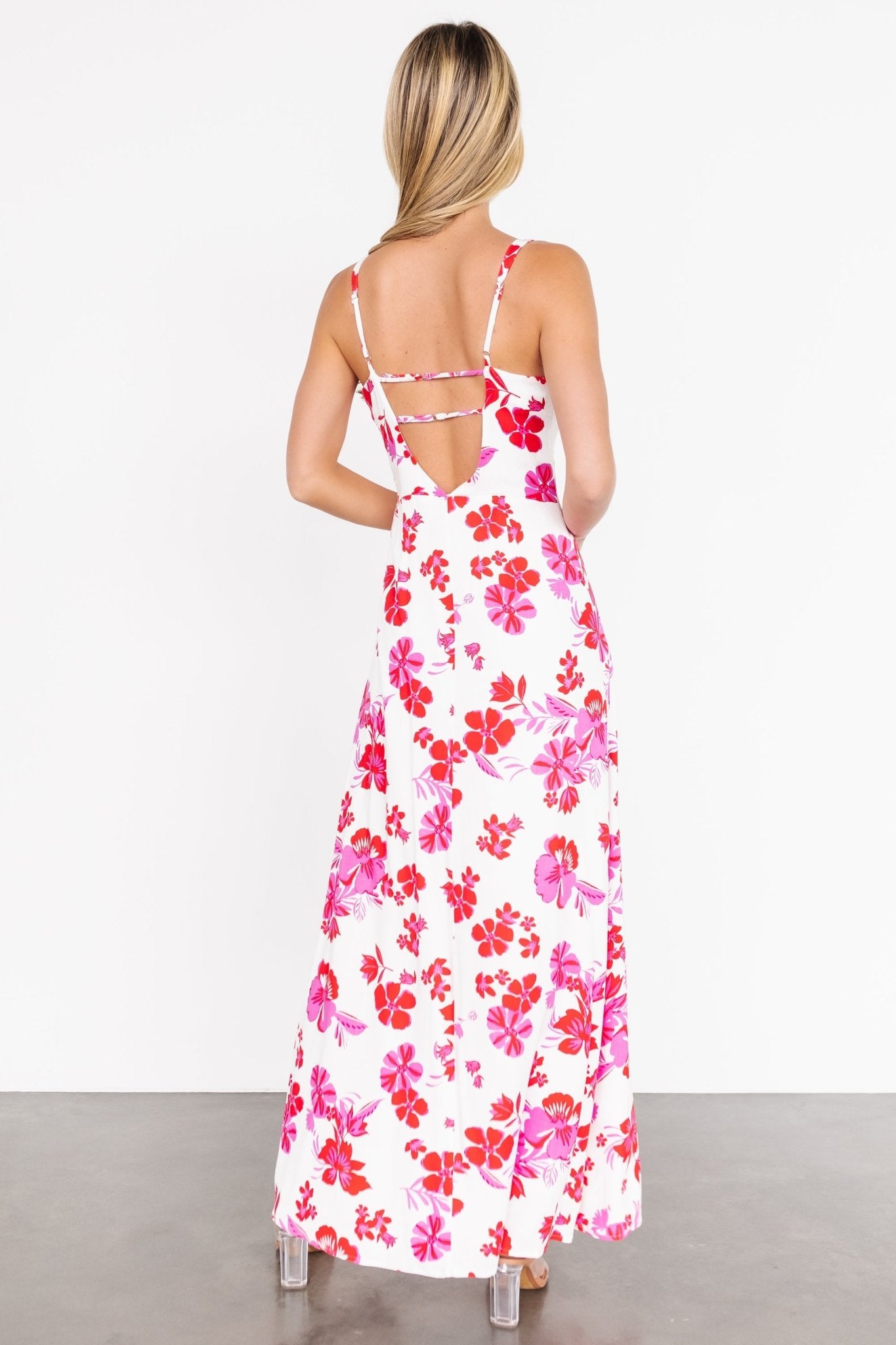 Emaline Open Back Maxi Dress | White + Pink Floral - Baltic Born