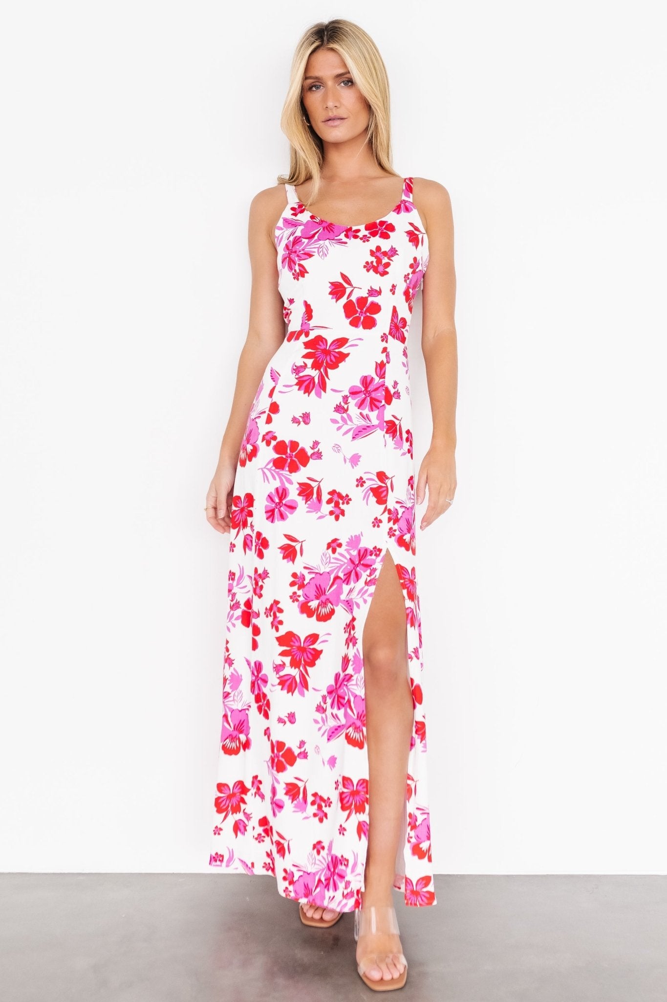 Emaline Open Back Maxi Dress | White + Pink Floral - Baltic Born